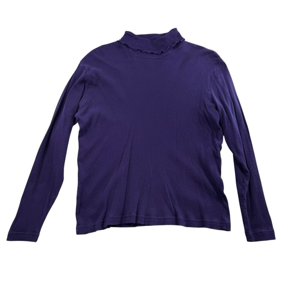 Vtg Susan Bristol L Large Turtleneck lettuce Trim Purple Ribbed Cottagecore 90s